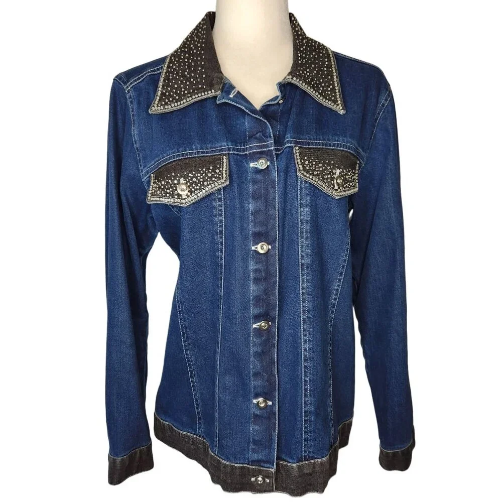 Vintage Y2K 2000s Quacker Factory Denim Jean Jacket Small Studded Collar Sequin